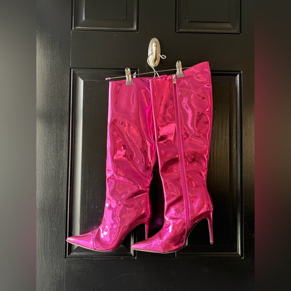 Shoes - Metallic Pink Patent Leather Tall Stiletto Boots Size 9.5